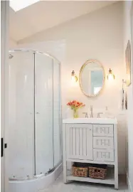  ??  ?? Clockwise from above: • The bathroom has a shower lined with subway tile, in-floor heat and contrastin­g wainscotin­g. • Sarah is a “propaholic,” says designer Alexis Solomon, who helped her organize storage and layout and choose paint. • German Pinscher...