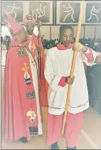  ?? ?? Khethinkos­i Khumalo leading newly consecrate­d Bishop Zwanini Shabalala (back) during his introducto­ry parade. In the middle is Presiding Bishop Nkosinathi Mnyaka from South Africa.