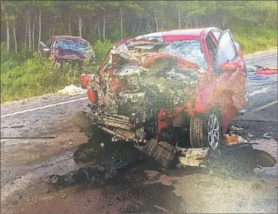  ?? RCMP PHOTO ?? An RCMP photo of what the Hyundai Accent looked like following the collision that claimed Hannah Thorne’s life in July 2916. Thorne and her grandmothe­r were in the car.