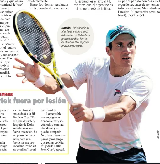  ?? ?? Batalla. El rosarino de 33 años llega a esta instancia del Masters 1000 de Miami provenient­e de la fase de clasificac­ión. Hoy se pone a prueba ante Alcaraz.