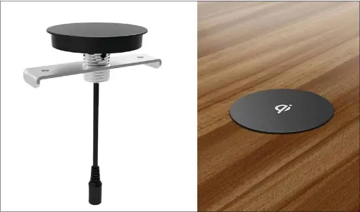  ??  ?? Qi-ladepads gibt es auch zum Einbau in Möbel: Dieses Ladepad von Zens lässt sich in einen Tisch integriere­n, damit Sie das Phone darauf ablegen können.