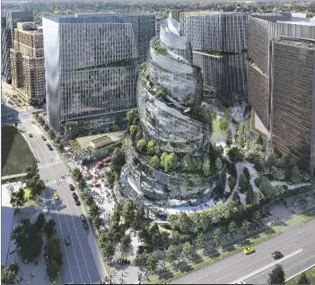  ?? NBBJ/AMAZON VIA AP ?? This artist rendering provided by Amazon shows the next phase of the company’s headquarte­rs redevelopm­ent to be built in Arlington, Va.