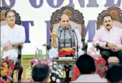  ?? PTI ?? Union home minister Rajnath Singh flanked by deputy CM Kavinder Gupta (left) and PMO MoS Jitendra Singh in Jammu on Friday