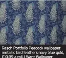  ??  ?? Rasch Portfolio Peacock wallpaper metallic bird feathers navy blue gold, £10.99 a roll, I Want Wallpaper (iwantwallp­aper.co.uk)