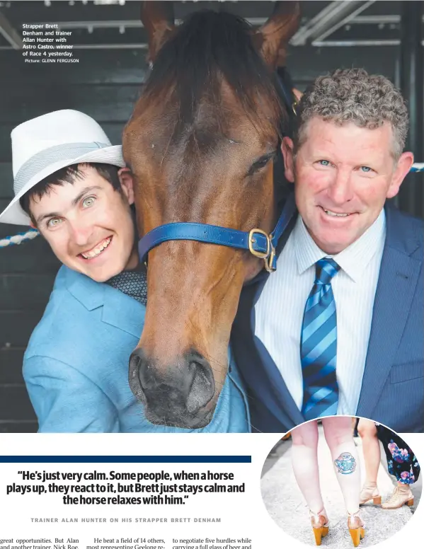  ?? Picture: GLENN FERGUSON Picture: AAP/TRACEY NEARMY ?? Strapper Brett Denham and trainer Allan Hunter with Astro Castro, winner of Race 4 yesterday. A woman shows off her tattoo of a sloth in a teacup.