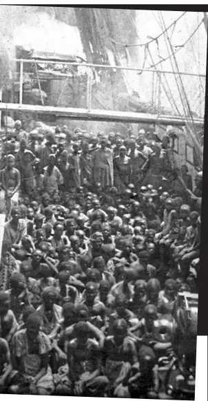  ??  ?? slaves and their Royal Navy liberators aboard HMS Daphne