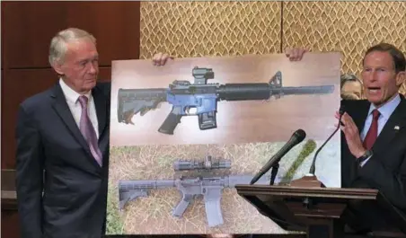  ?? MATTHEW DALY — THE ASSOCIATED PRESS ?? Sen. Edward Markey, D-Mass., left, and Sen. Richard Blumenthal, D-Ct., display a photo of a plastic gun on Tuesday on Capitol Hill in Washington. Democrats are calling on President Donald Trump to reverse an administra­tion decision to allow a Texas company to make blueprints for a 3D-printed gun available online.