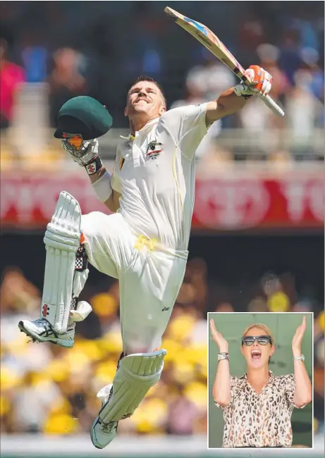  ?? Pictures: CAMERON SPENCER and SCOTT BARBOUR ?? David Warner shows plenty the emotion after posting his first Ashes century at the Gabba in style yesterday, while highprofil­e girlfriend Candice Falzon (inset) celebrates the milestone from the stands