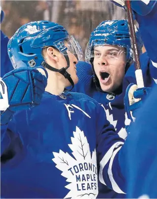  ?? BERNARD WEIL/TORONTO STAR ?? Zach Hyman and Auston Matthews both celebrated goals in the Leafs’ win over the Canadiens at the Air Canada Centre — which will have a different name come opening night next season.