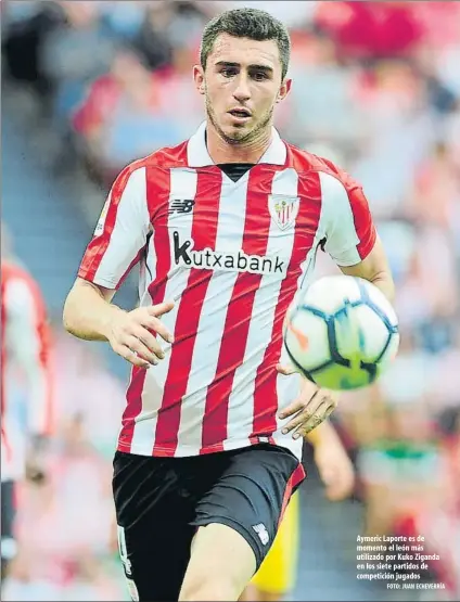  ?? FOTO: JUAN ECHEVERRÍA ?? Aymeric Laporte es de momento el león más utilizado por Kuko Ziganda en los siete partidos de competició­n jugados