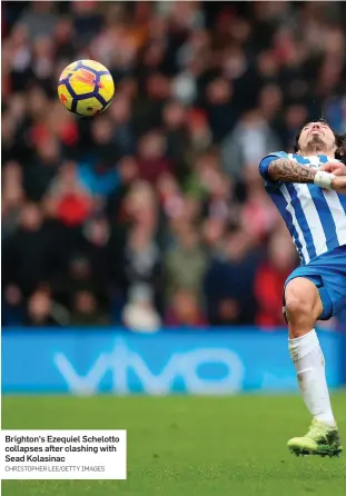  ?? CHRISTOPHE­R LEE/GETTY IMAGES ?? Brighton’s Ezequiel Schelotto collapses after clashing with Sead Kolasinac