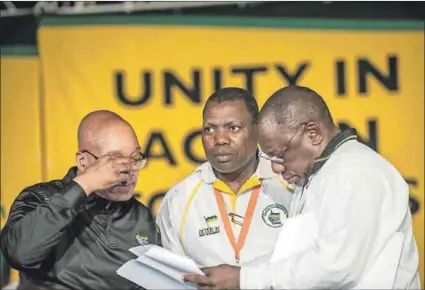  ??  ?? Eyes on the prize: Zweli Mkhize (centre), here with Jacob Zuma and Cyril Ramaphosa, is ready to accept nomination as president of the ANC. Photo: Delwyn Verasamy