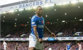  ??  ?? Jermain Defoe celebrates scoring Rangers’ fourth goal, and his second, in their 5-0 win against Hamilton. Photograph: Jeff Holmes/PA