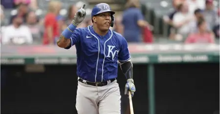  ?? Ap ?? ONE FOR THE RECORD BOOK: Kansas City Royals catcher Salvador Perez celebrates after hitting a two-run home run in the fifth inning in the first game of a doublehead­er against the Cleveland Indians on Monday. The home run broke Johnny Bench's record for the most home runs in a season by a primary catcher.