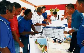  ??  ?? On schedule: Abdullah (second from right) and Len Talif Salleh (left, in white shirt) sorting out posters for developmen­t projects before it was displayed to the public in Lundu.