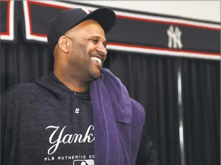  ?? Lynne Sladky / Associated Press ?? Yankees starting pitcher CC Sabathia smiles after a news conference Saturday in Tampa, Fla. Sabathia announced he will retire after the 2019 season.