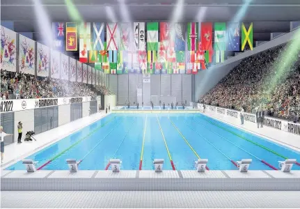  ??  ?? > An artist’s impression of the 2022 Aquatics Centre, which will be built in Sandwell