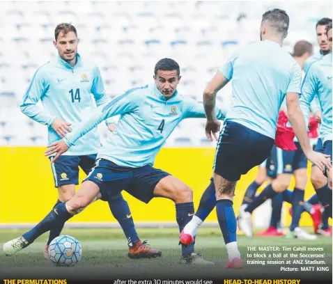  ??  ?? THE MASTER: Tim Cahill moves to block a ball at the Socceroos’ training session at ANZ Stadium.
Picture: MATT KING