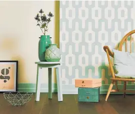  ??  ?? Retro and Scandi elements can work well together. Try walls in Resene Wallpaper Collection 34124-3 (left) and 34124-1 (left) with a timber floor stained in Resene Colorwood Natural and skirting boards and a side table in Resene Kandinsky.
