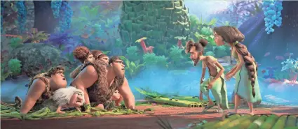  ??  ?? The Croods (left) meet The Bettermans (right) in DreamWorks Animation's “The Croods: A New Age,” directed by Joel Crawford. The Croods (from left): Thunk (Clark Duke), Gran (Cloris Leachman), Sandy (Kailey Crawford), Grug (Nicolas Cage), Ugga (Catherine Keener) and Eep (Emma Stone). The Bettermans (from near right): Phil (Peter Dinklage) and Hope (Leslie Mann).