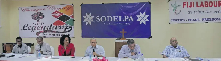  ?? Photo: Simione Haravanua ?? From left, Satish Kumar from Unity Fiji, Aminiasi Navuso of Freedom Alliance Party, NFP’s Seni Nabou, FLP leader Mahendra Chaudhry, Pita Wise of SODELPA and SODELPA leader Sitiveni Rabuka during the parties’ press conference at the Wesley Church hall Suva on August 16,2018.