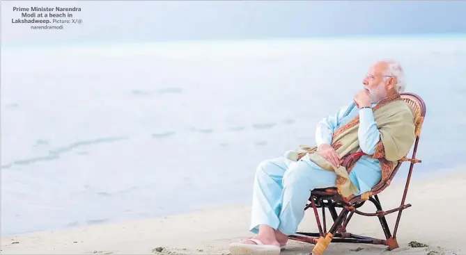  ?? Picture: X/@ narendramo­di ?? Prime Minister Narendra Modi at a beach in Lakshadwee­p.