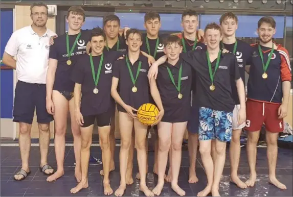 ??  ?? Drogheda’s Under-16 water polo team celebrate after clinching the Leinster title in the NAC on Thursday last.