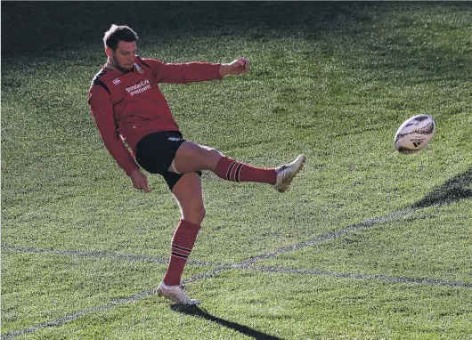  ?? PHOTO: GETTY IMAGES ?? Right foot forward . . . First fiveeighth Dan Biggar practises kicking at a Lions training session Porirua Park in Wellington yesterday.