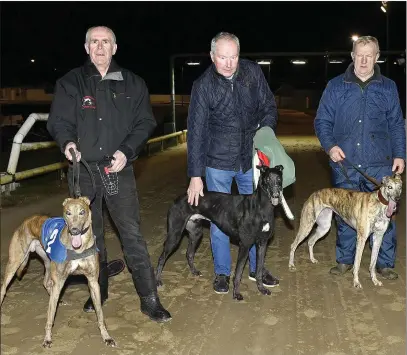  ?? Photo by www.deniswalsh­photograph­y.com ?? From left, as they finished in the first semi-final of the Kingdom Stadium ON3 Stakes 525 at the Kingdom Greyhound Stadium on Friday night, Billy Keogh with Chosen Flame, Michael Daly with Ballyard Rocky and Liam O’Callaghan with Rushmoor Carol.