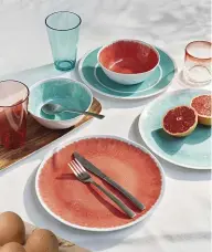  ??  ?? DINE IN
Ocean dipped crackle dinner plates (Coral and Aqua) R65 each; Ocean Stripe dinner plates R59.95 each; Ocean highball glasses R69.95 each, all from woolworths.co.za