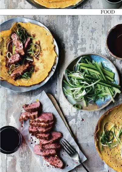  ??  ?? While it would be impossible to recreate true Chinese-style duck at home, this version comes with a big thumbs-up from my family. It uses duck breasts, and quick pancakes made with chickpea (or gram) flour. The best thing about the recipe is the hoisin...