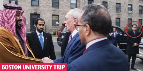  ??  ?? Ever-present: Crown Prince Mohammed bin Salman arrives at MIT with Mutreb, circled, in close proximity