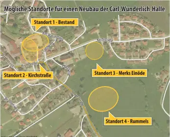  ?? GRAFIK: DAVID WEINERT ?? An diesen Standorten ist ein Neubau der Sporthalle laut Gemeinde Argenbühl möglich.