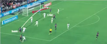  ??  ?? 5-1 Gol de Arturo Vidal (Min. 87) Buena jugada personal de Ousmane Dembélé por la izquierda, que culmina con un centro preciso para Arturo Vidal. El chileno remató solo de cabeza y superó al meta madridista