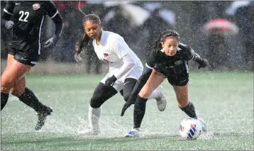  ?? PHOTO BY ANDY HOLZMAN ?? Hart's Gianna Costello, right, tries to move past Harvard-Westlake's Victoria Pugh during the CIF-SS Division 2final.