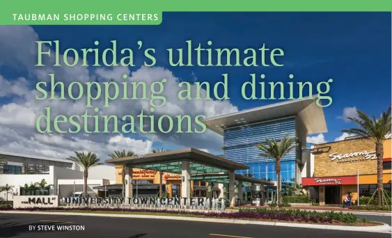  ??  ?? TOP: The Mall at University Town Center is located in Sarasota. ABOVE LEFT: Dolphin Mall is the largest outlet shopping center in Miami-Dade County. ABOVE RIGHT: Internatio­nal Plaza and Bay Street is the dominant luxury shopping and dining destinatio­n in the Tampa area.