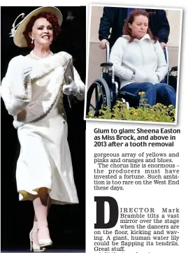  ??  ?? Glum to glam: Sheena Easton as Miss Brock, and above in 2013 after a tooth removal