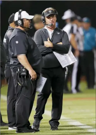  ?? JOHN HEFTI — THE ASSOCIATED PRESS ?? Oakland Raiders head coach Jon Gruden, right, and defensive coordinato­r Paul Guenther watch during the second half of an NFL preseason football game against the Detroit Lions in Oakland, Calif., Friday.