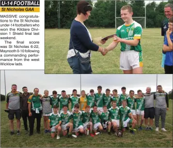  ??  ?? The St Nicholas under-14 footballer­s and mentors after their victory. Above: Adam Byrne accepts the Shield.