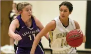  ?? Photos by Steven Eckhoff, Rome News-Tribune ?? LEFT: Pepperell’s Grace Hufford (right) brings the ball up the court against Darlington’s Sydney Seymour during a game Thursday at Pepperell High School.