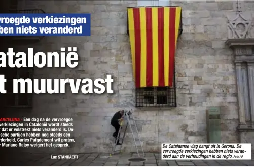  ?? Foto AP ?? De Catalaanse vlag hangt uit in Gerona. De vervroegde verkiezing­en hebben niets veranderd aan de verhouding­en in de regio.