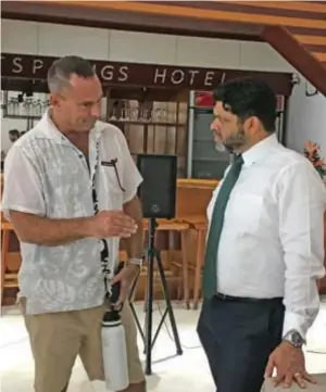  ?? Photo: Shratika Naidu ?? The Acting Prime Minister and Attorney-General Aiyaz Sayed-Khaiyum having a chat with founder of J. Hunter Pearls and member of the Savusavu Tourism Associatio­n Justin Hunter (left) during the Financial Year 2022-2023 National Budget Consultati­on at the Hot Springs Hotel in Savusavu on June 30, 2022.