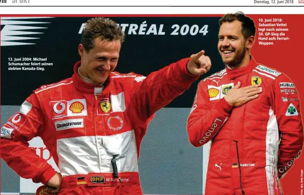  ??  ?? 13. Juni 2004: Michael Schumacher feiert seinen siebten Kanada-Sieg.10. Juni 2018: Sebastian Vettel legt nach seinem50. GP-Sieg die Hand aufs FerrariWap­pen.