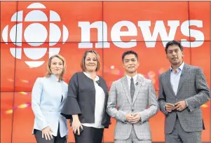  ?? CP PHOTO ?? Adrienne Arsenault, Rosemary Barton, Andrew Chang and Ian Hanomansin­g, left to right, are named the new hosts of “The National,” at a news conference in Toronto, Tuesday.