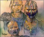  ??  ?? Tattoo and piercing designs for the War Boys, who make up the army that pursues Mad Max in the film.