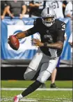  ?? JOSE CARLOS FAJARDO — STAFF ?? Raiders quarterbac­k EJ Manuel, stepping in for Derek Carr, was one of the team’s few bright spots in Sunday’s loss to the Ravens.