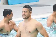  ?? Picture: AAP IMAGES ?? Jarryd Hayne at yesterday’s recovery session.