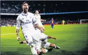  ?? Picture: GETTY IMAGES ?? HERO: Real Madrid’s Sergio Ramos celebrates after scoring an equalising goal for his team during the La Liga match between Barcelona and Real Madrid at Camp Nou stadium, Barcelona on Saturday