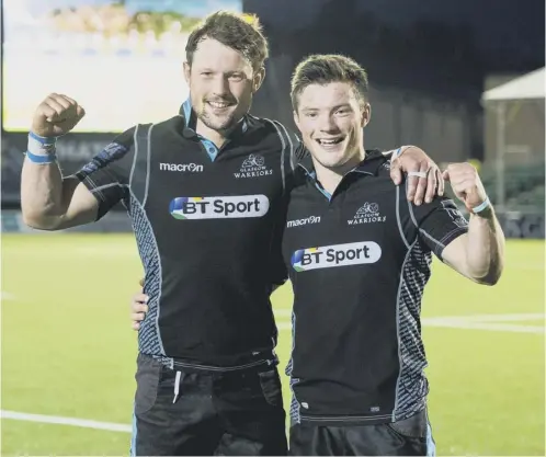  ??  ?? 0 Glasgow Warriors siblings Peter Horne, left, and George Horne will be starting a profession­al game together for the first time.