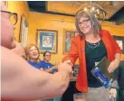  ?? CHARLES KRUPA/ASSOCIATED PRESS ?? Vermont Democratic gubernator­ial candidate Christine Hallquist, holding clipboard, a transgende­r woman, shakes hands with her supporters during her election night party in Burlington, Vt., Tuesday.